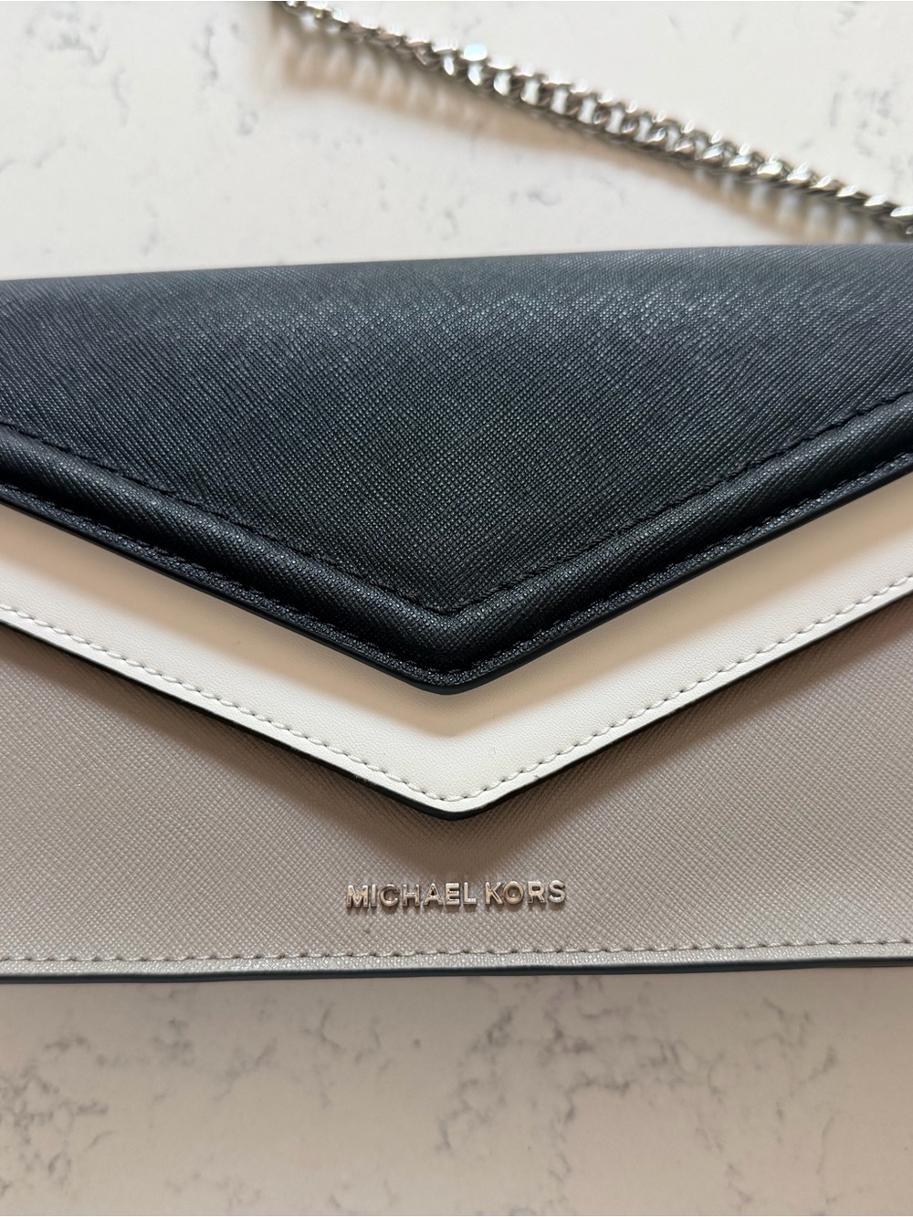 MICHAEL KORS Tri-Tone Envelope Crossbody in Black, White & Taupe